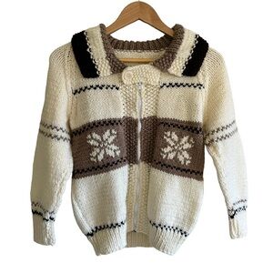 Kids vintage cream handknit fishermen fair isle zip up cardigan size 6